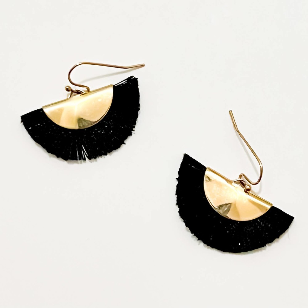 Express Black Tassel Fan Dangle Earrings With Gold Metal Accent Hardware